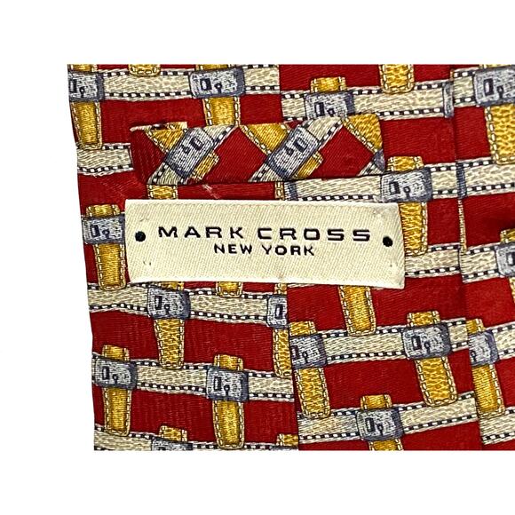 Vintage Mark Cross New York Gold Buckle Locks Silk Mens Neck Tie Red Gold - Picture 5 of 7